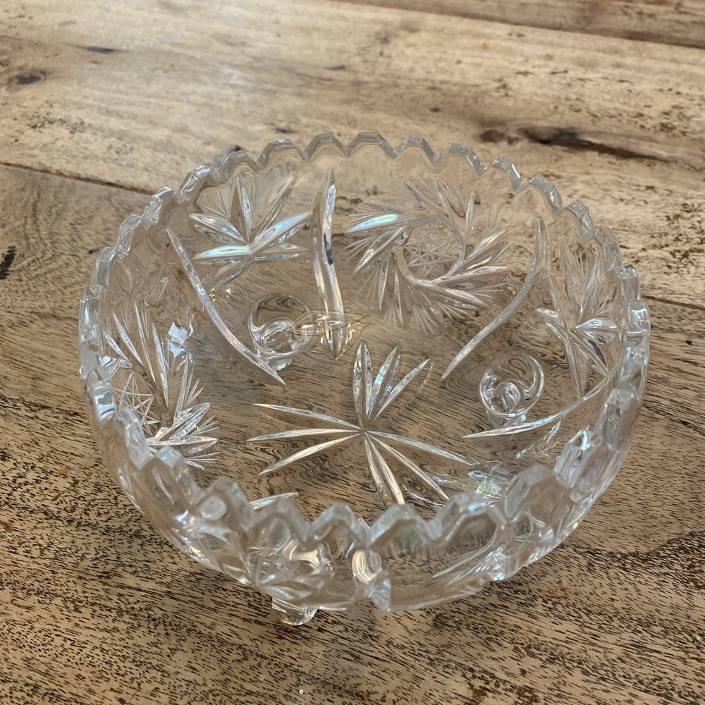 Vintage Lead Crystal Cut Bowl  6"  diameter Four inches deep and three footed